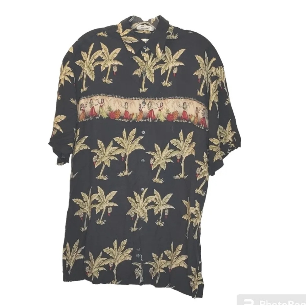 Vtg Pierre Cardin Hawaiian Shirt Button Hula Girls Palm Tree Black Rayon Sz Med